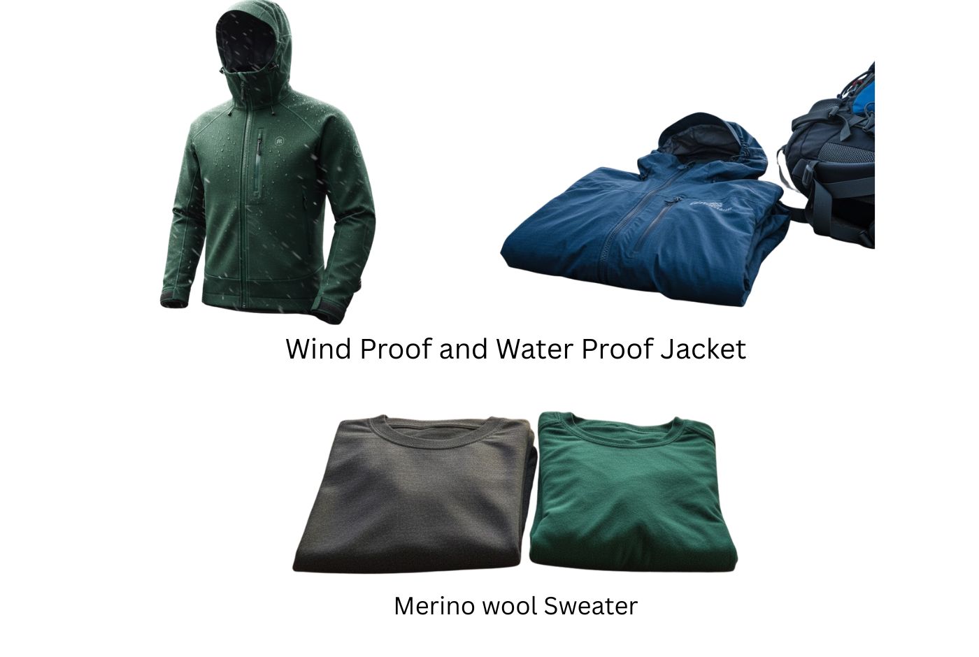 Windproof waterproof outer shell jacket and merino wool base layer sweaters &mdash; essential layered clothing system for Manaslu Circuit Trek