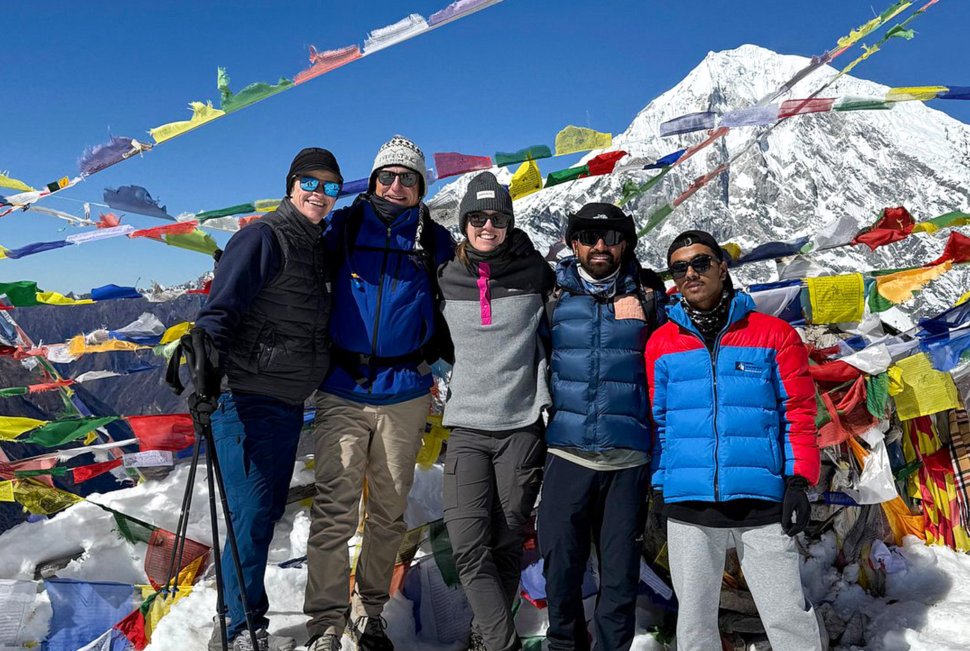 Trekkers in a small guided group during the Langtang Valley trek in Nepal